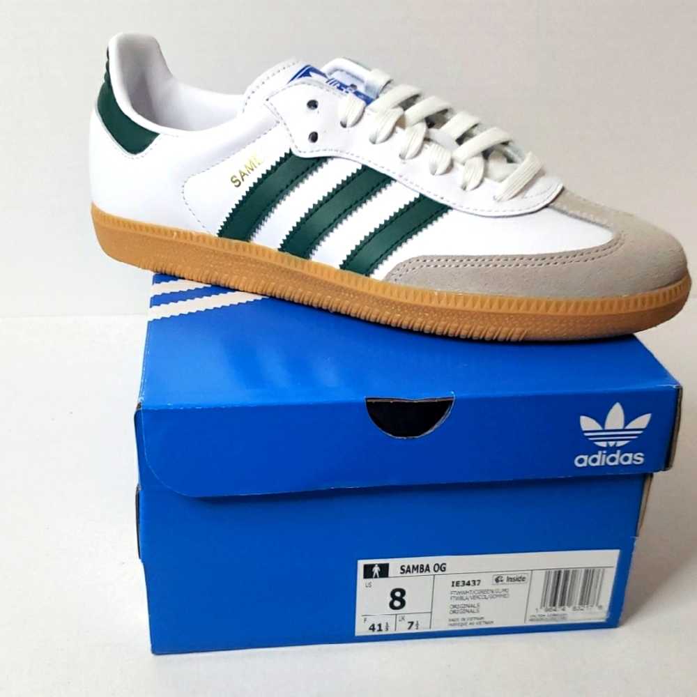 NIB NWT Adidas Samba OG Tennis Shoes Green White Tan Soles Men 8 Wmns 9.5